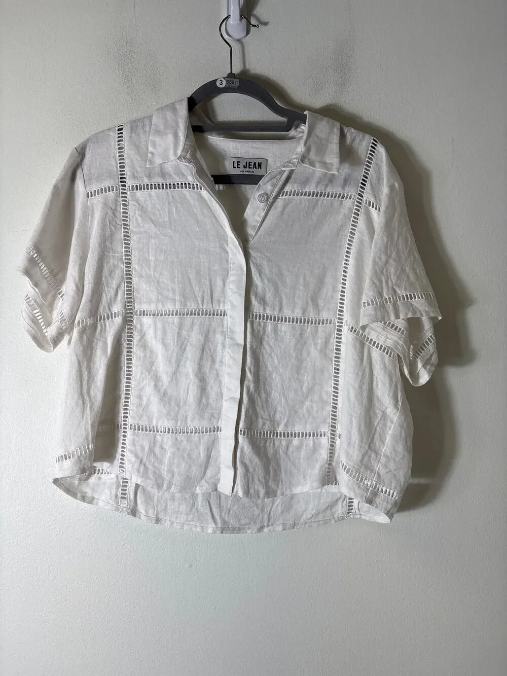 Le Jean White Short Sleeve Button Up Collared Shirt Sz M
